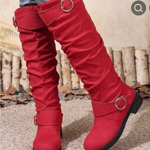Stylish Red Autumn/Winter Boots with buckle detail.